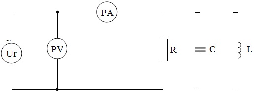 схема для снятия вольт-амперной характеристики резистора, емкости и катушки индуктивности при синусоидальном напряжении