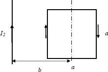 Квадратная рамка с током расположена в одной плоскости с прямым проводом с током
