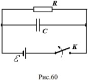 В схеме резистор, батарея, конденсатор и ключ
