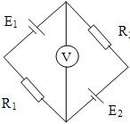 В схеме 2 источника ЭДС, вольтметр и 2 резистора