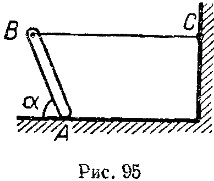 Однородный стержень опирается о пол и удерживается в равновесии горизонтальной нитью
