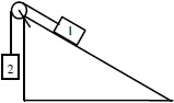 Один груз лежит на наклонной плоскости, другой связан с ним нитью и висит