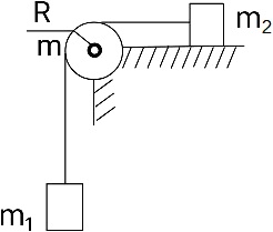 Два одинаковых груза связаны нитью, перекинутой через блок, укрепленный на конце стола