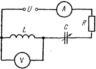 На схеме последовательное соединение резистора, катушки индуктивности и конденсатора, а также амперметр и вольтметр, измеряющие параметры катушки