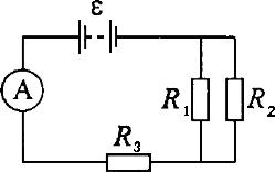 На схеме источник ЭДС, амперметр и 3 резистора