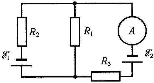 На схеме 2 источника ЭДС, амперметр и 3 резистора