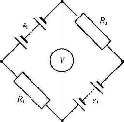 На схеме 2 источника ЭДС, вольтметр и 2 резистора