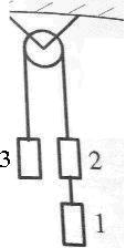 Через невесомый блок перекинута нить, связывающая тело 3 с телом 2, к которому подвешено тело 1