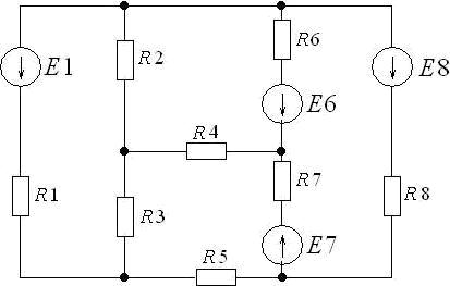 Схема из нескольких резисторов и источников ЭДС