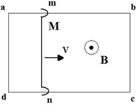 Квадратная проволочная рамка помещена в однородное магнитное поле, перпендикулярной плоскости рамки. По рамке скользит перемычка