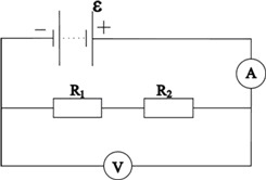 Схема содержит источник ЭДС, 2 резистора, амперметр и вольтметр