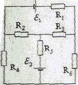 схема содержит 6 резисторов и 2 источника ЭДС