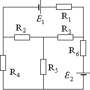 схема содержит 6 резисторов и 2 источника ЭДС