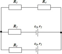 Схема трех параллельных ветвей с четырьмя резисторами и двумя источниками ЭДС