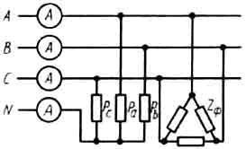 К трехфазной линии подключены трехфазный симметричный приемник, соединенный треугольником и группа однофазных приемников, соединенных по схеме звезда с нейтральным проводом