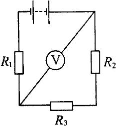 На схеме 3 резистора, источник ЭДС и вольтметр