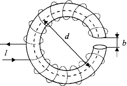 На железном сердечнике в виде тора намотана обмотка. В сердечнике сделана узкая поперечная прорезь